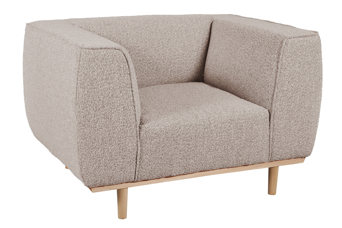 Fauteuil scandinave en tissu effet laine boucle taupe et bois clair MORRIS