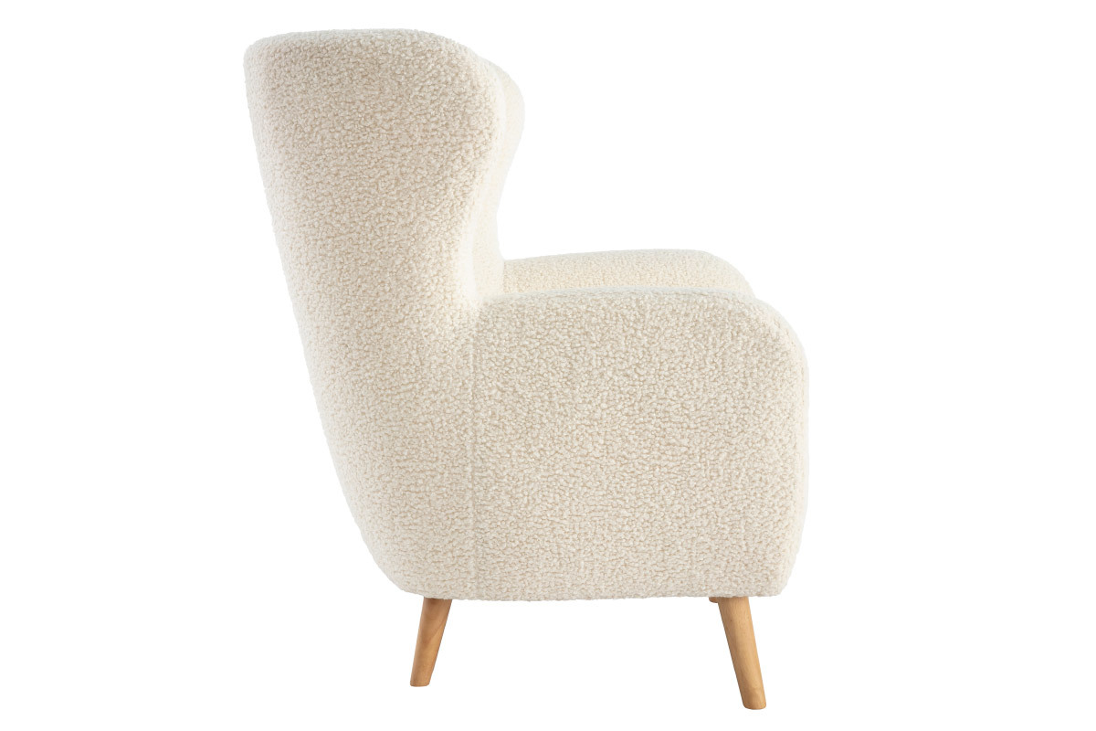 Fauteuil scandinave en tissu effet peau de mouton blanc et bois clair KORO