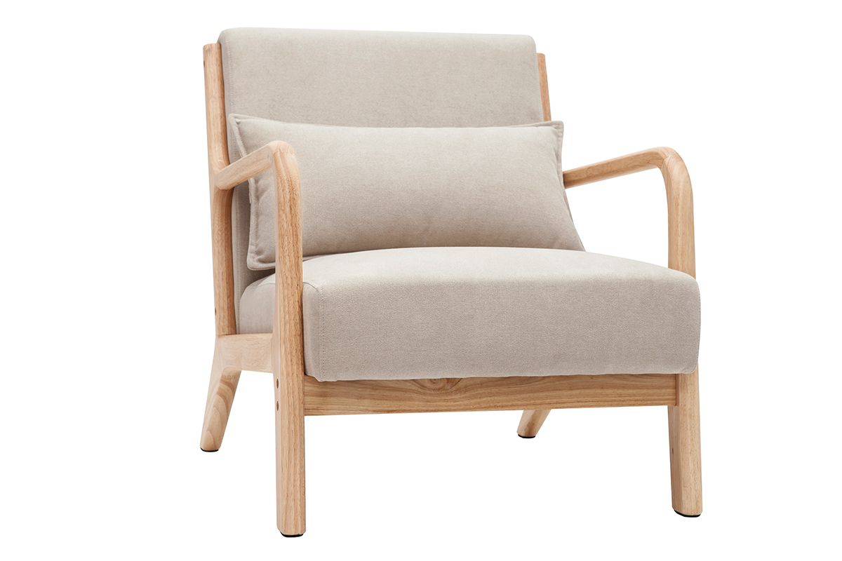 Fauteuil scandinave en tissu effet velours beige et bois clair massif DERRY