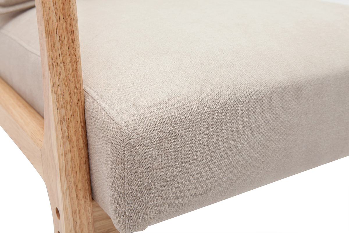 Fauteuil scandinave en tissu effet velours beige et bois clair massif DERRY