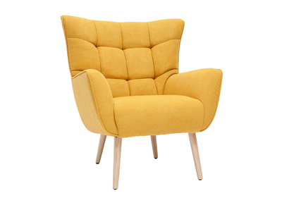 Fauteuil scandinave en tissu effet velours jaune moutarde et bois clair AVERY