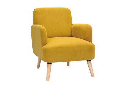 Fauteuil scandinave en tissu effet velours jaune moutarde et bois clair ISKO