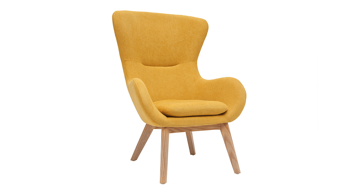 Fauteuil scandinave en tissu effet velours jaune moutarde et bois ESKUA