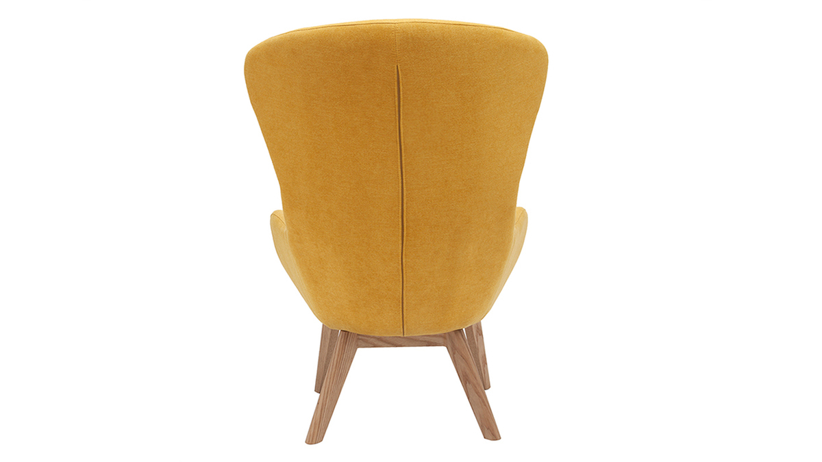 Fauteuil scandinave en tissu effet velours jaune moutarde et bois ESKUA