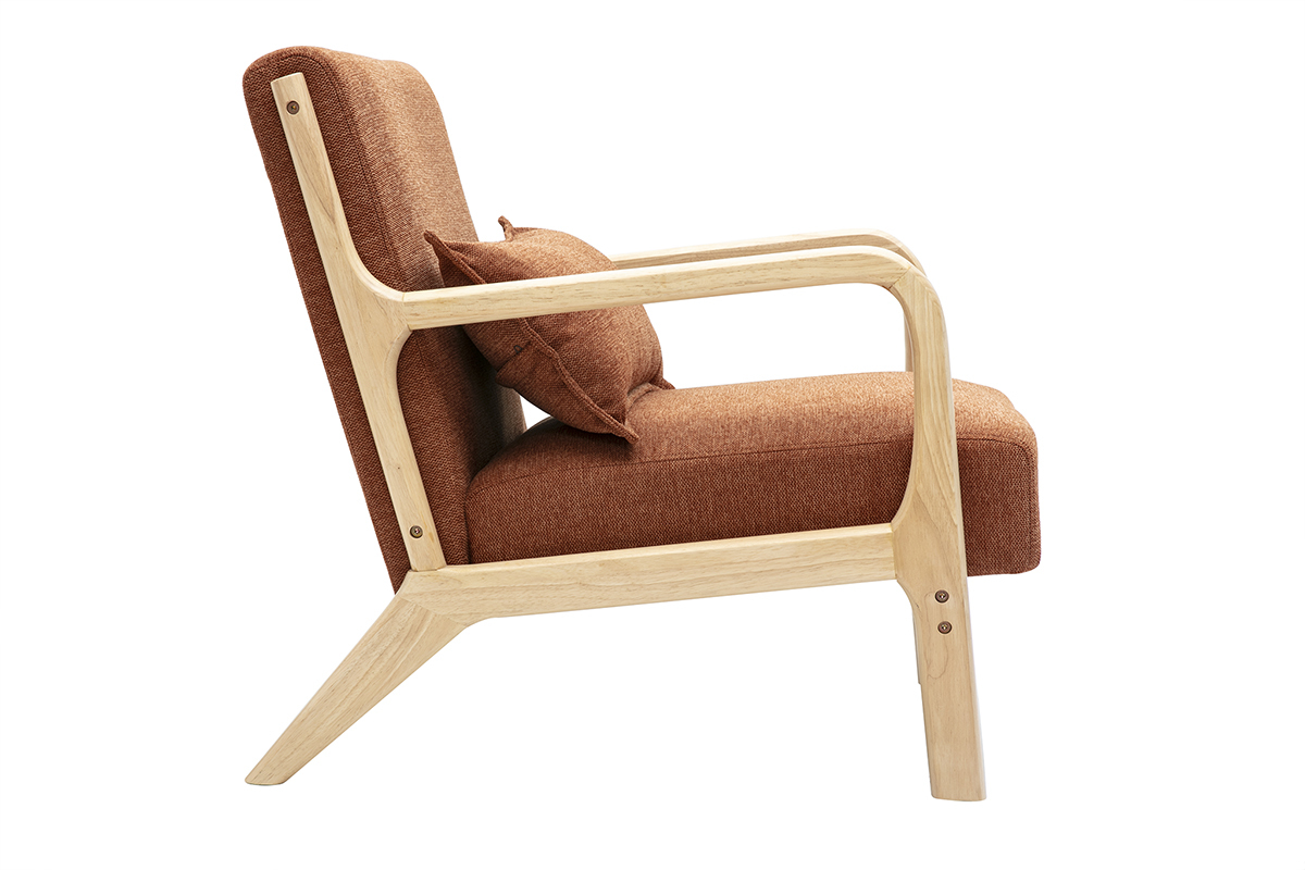 Fauteuil scandinave en tissu effet velours terre brle et bois clair massif DERRY