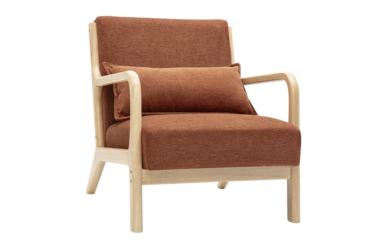 Fauteuil scandinave en tissu effet velours terre brle et bois clair massif DERRY