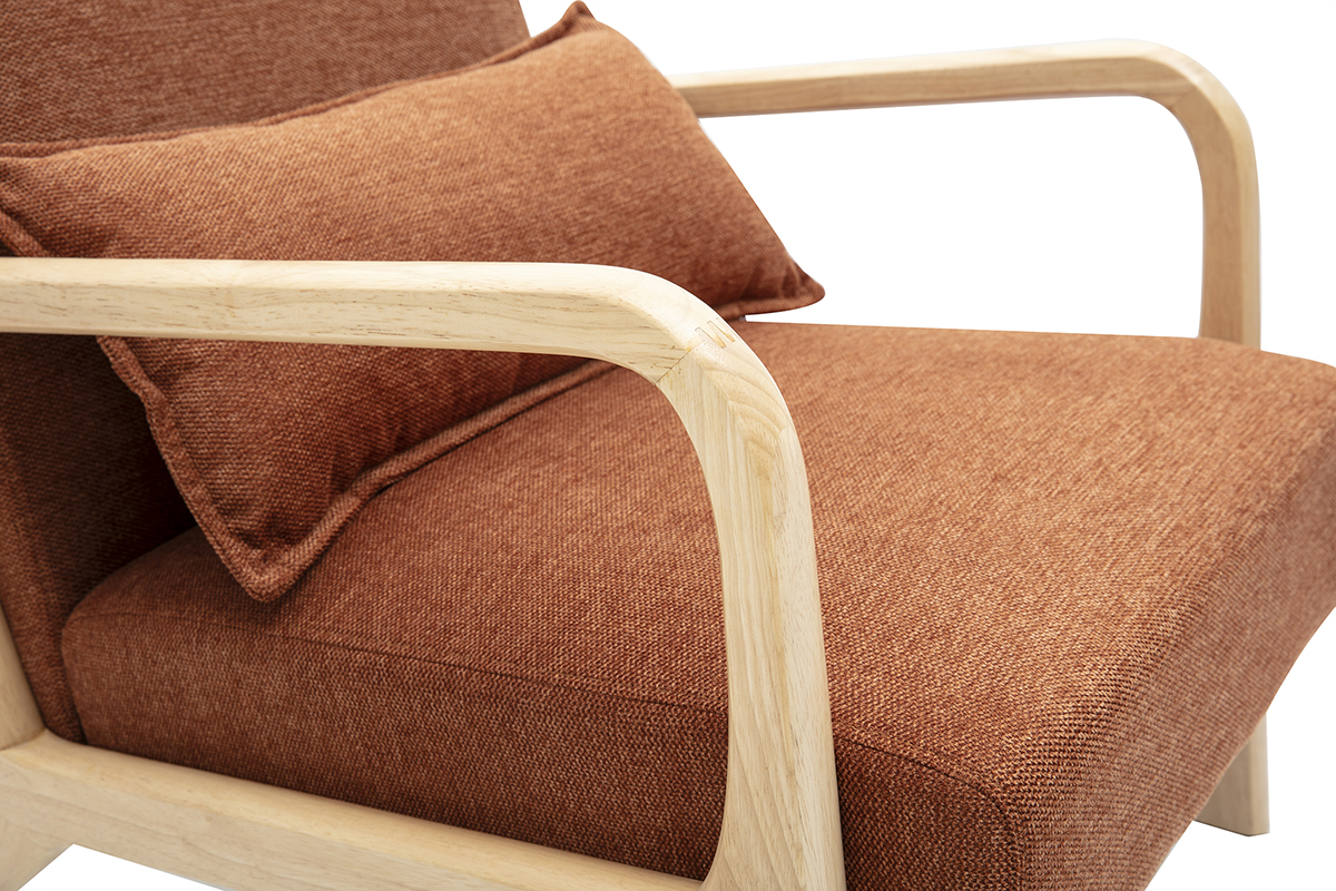 Fauteuil scandinave en tissu effet velours terre brle et bois clair massif DERRY