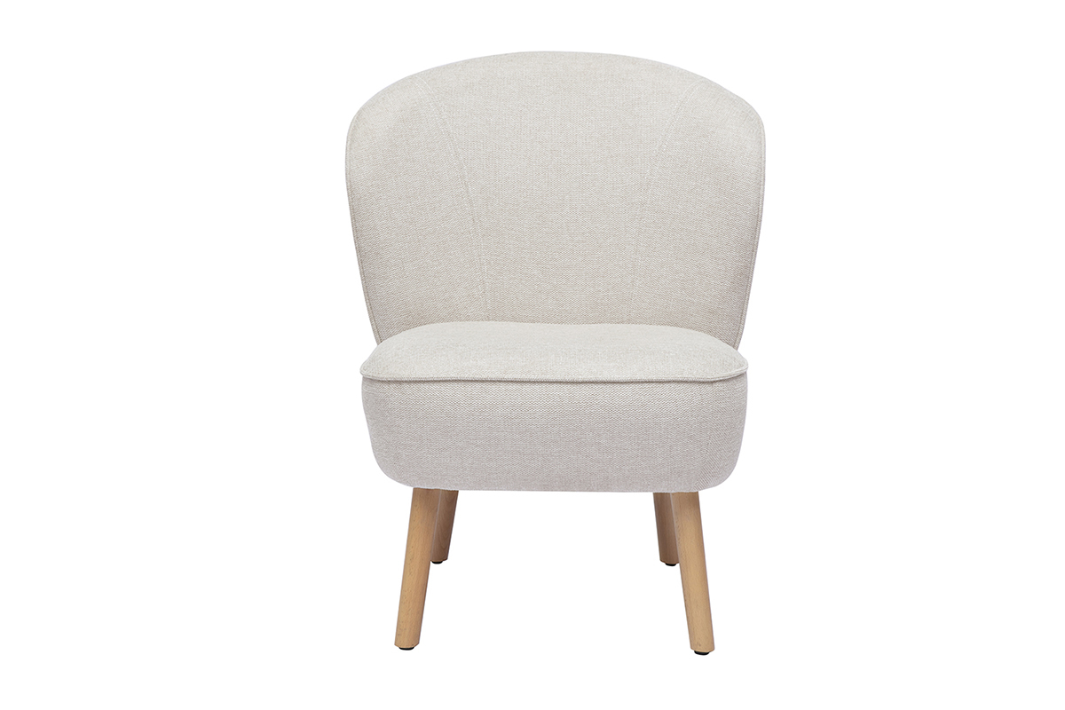 Fauteuil scandinave en tissu effet velours textur beige et bois clair AMANITA