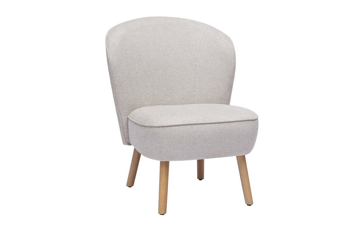 Fauteuil scandinave en tissu effet velours textur beige et bois clair AMANITA