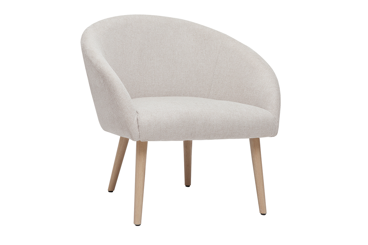 Fauteuil scandinave en tissu effet velours textur beige et bois clair OLIVIA