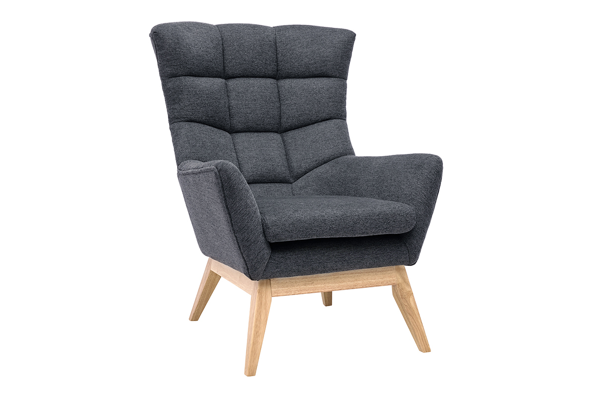 Fauteuil scandinave en tissu effet velours textur gris fonc et bois clair BRODY