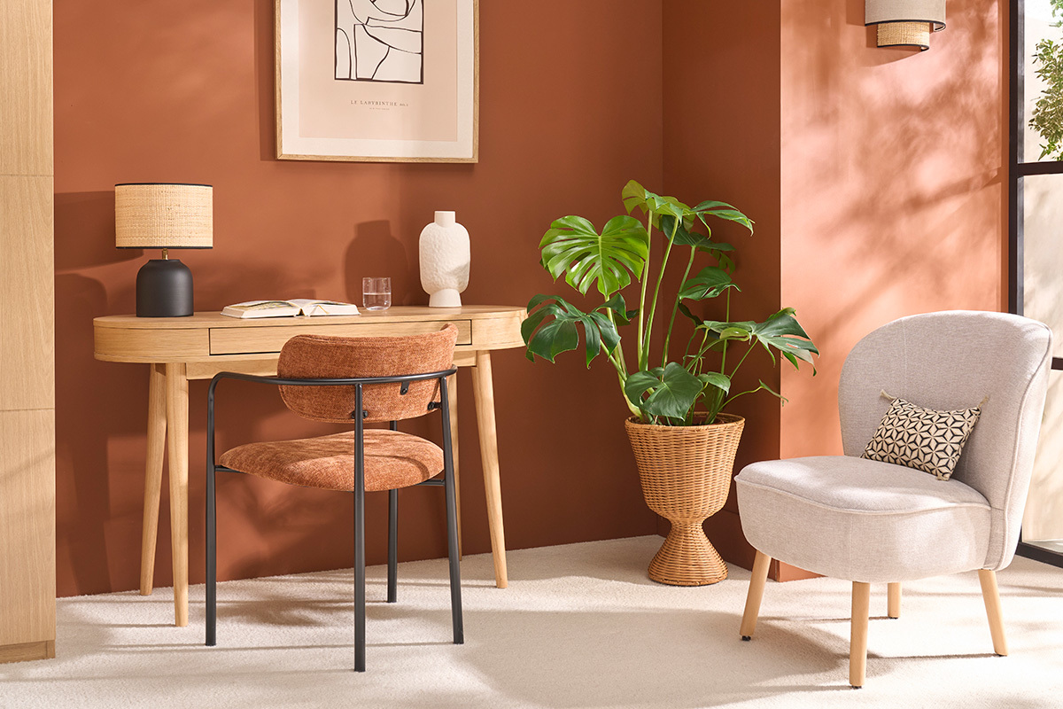Fauteuil scandinave en tissu effet velours textur terre brle et bois clair AMANITA