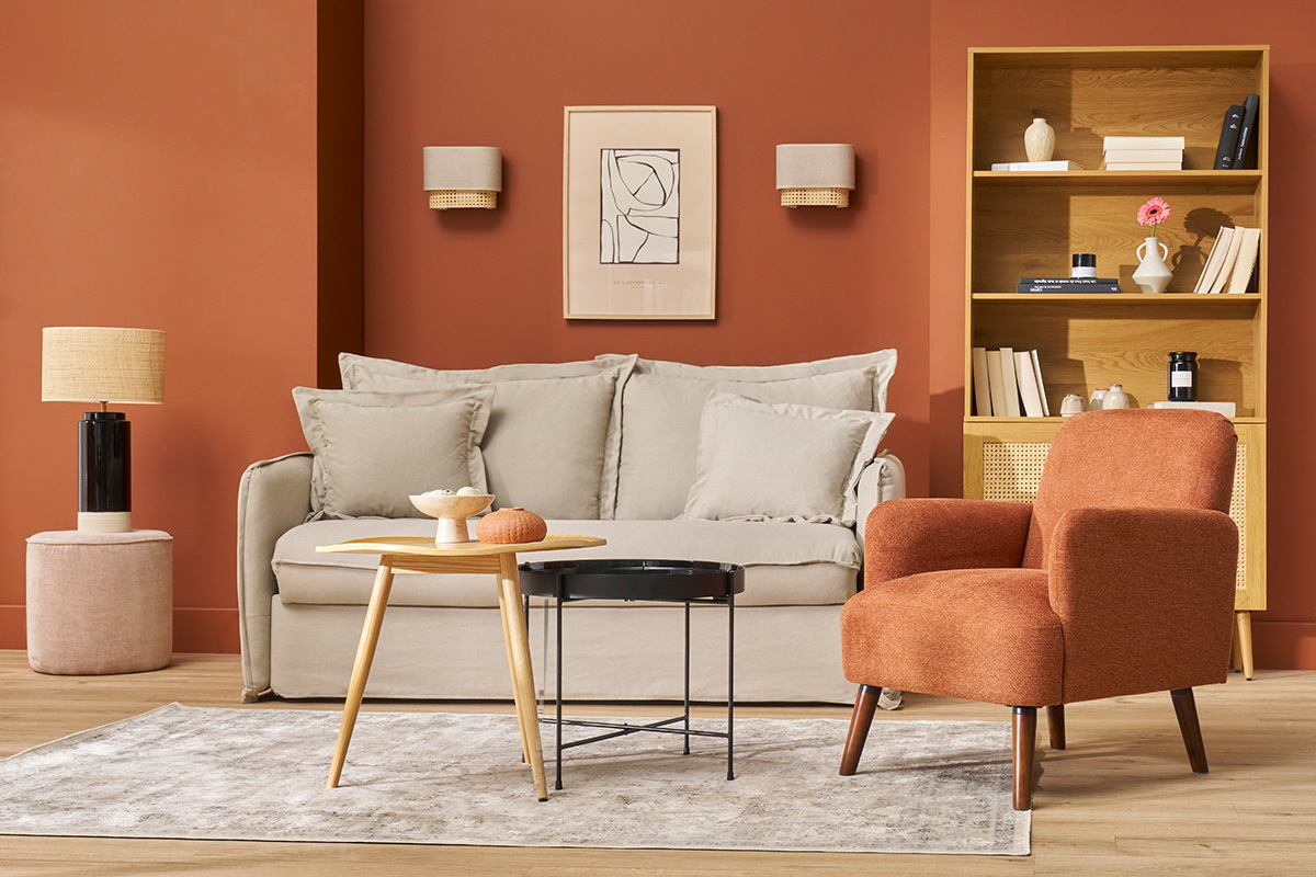 Fauteuil scandinave en tissu effet velours textur terre brle et bois fonc ISKO