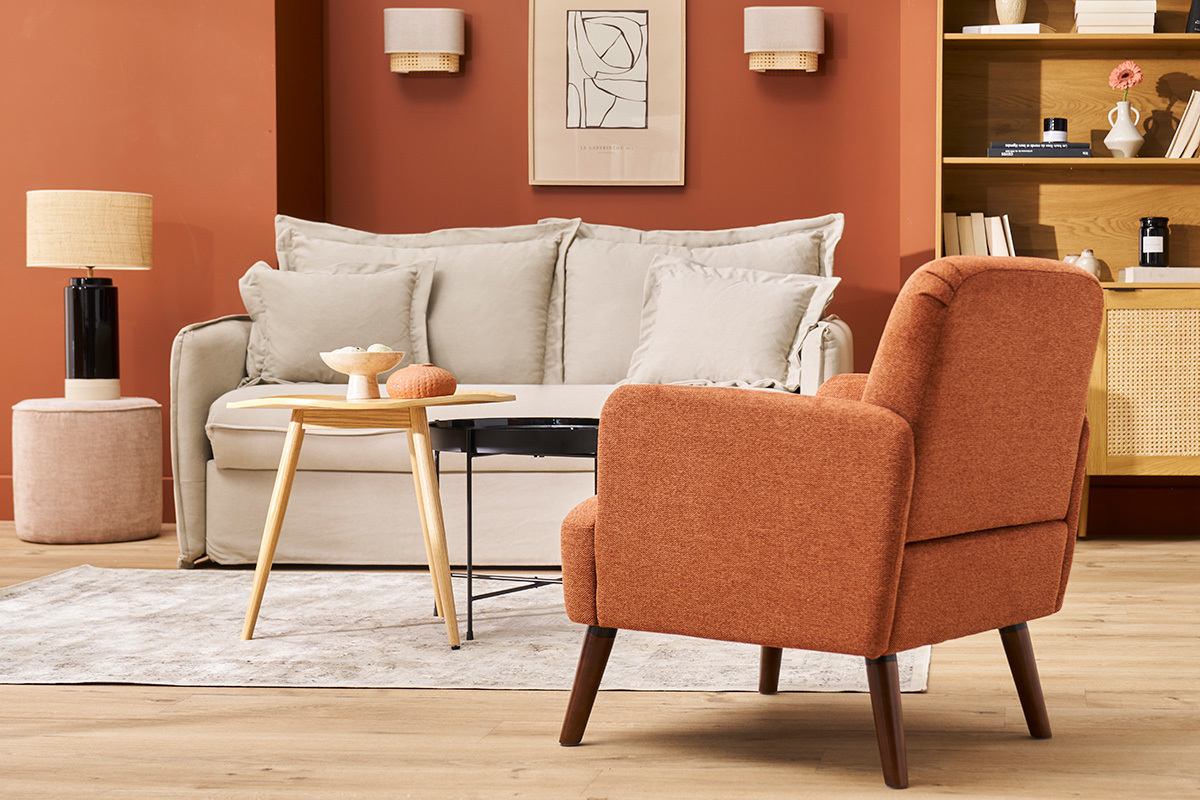 Fauteuil scandinave en tissu effet velours textur terre brle et bois fonc ISKO