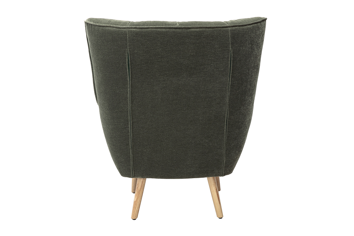 Fauteuil scandinave en tissu effet velours vert kaki et bois clair AVERY