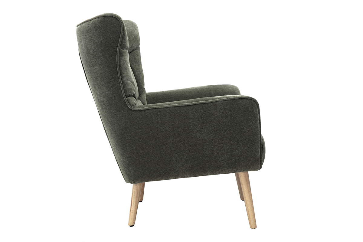 Fauteuil scandinave en tissu effet velours vert kaki et bois clair AVERY