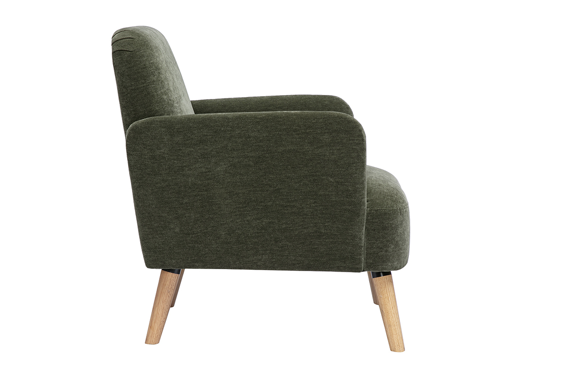 Fauteuil scandinave en tissu effet velours vert kaki et bois clair ISKO