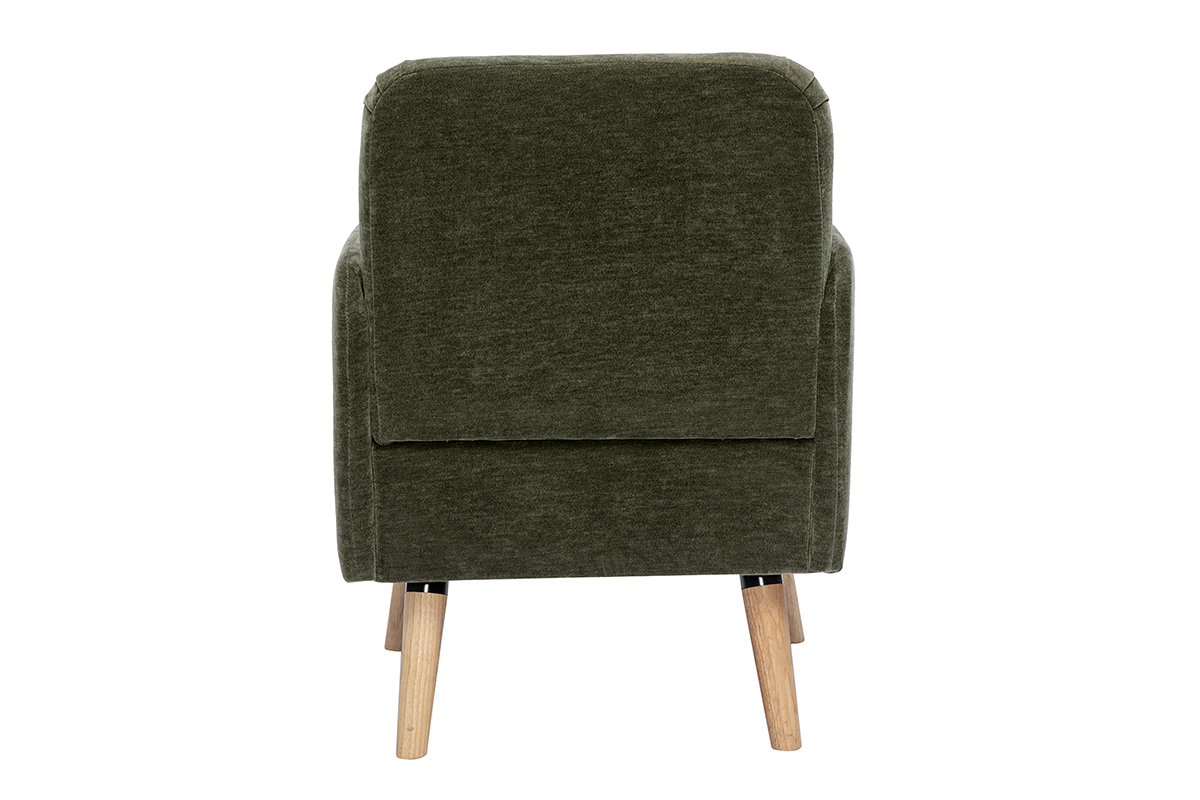 Fauteuil scandinave en tissu effet velours vert kaki et bois clair ISKO