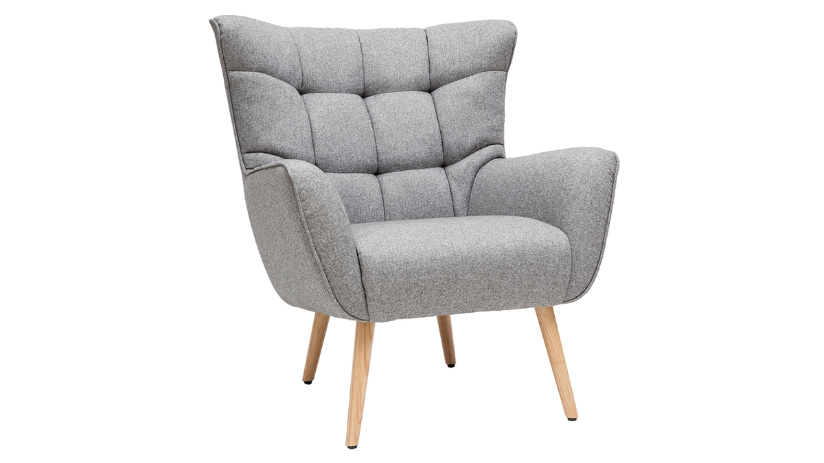 Fauteuil scandinave en tissu gris clair et bois clair AVERY