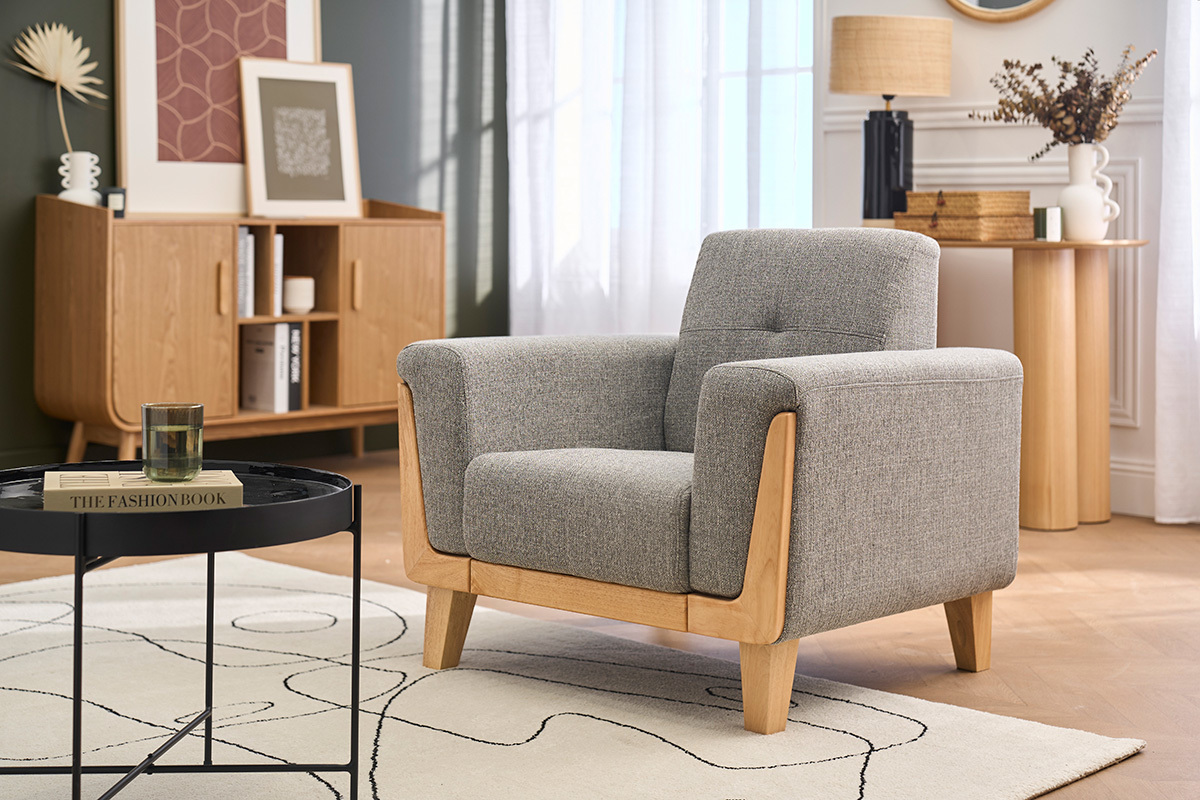 Fauteuil scandinave en tissu gris et bois clair FJORD