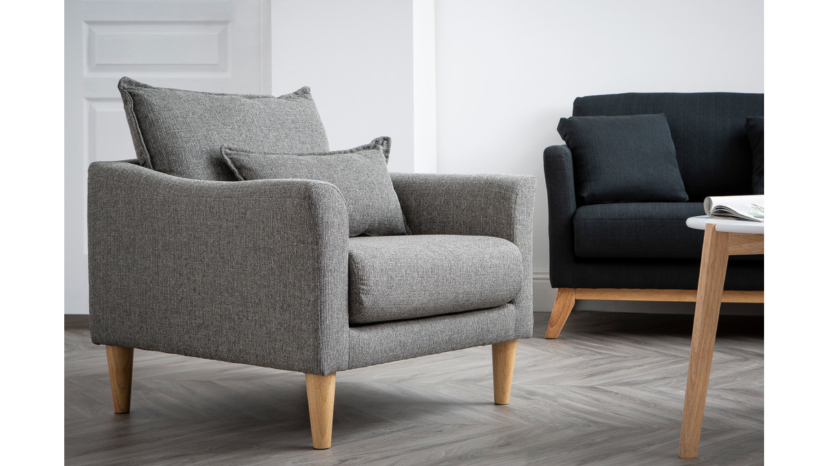 Fauteuil scandinave en tissu gris et bois clair KATE