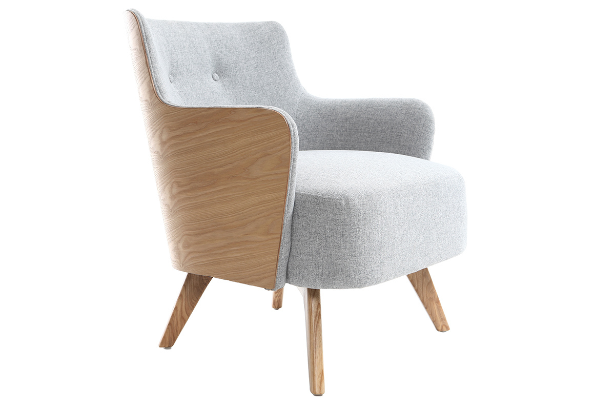 Fauteuil scandinave en tissu gris perle et bois clair VALMY