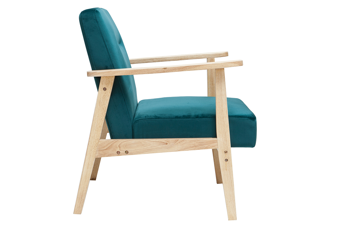 Fauteuil scandinave en tissu velours bleu ptrole et bois clair ABYSS