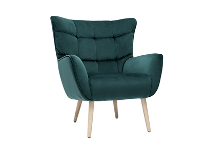 Fauteuil scandinave en tissu velours bleu pétrole et bois clair AVERY