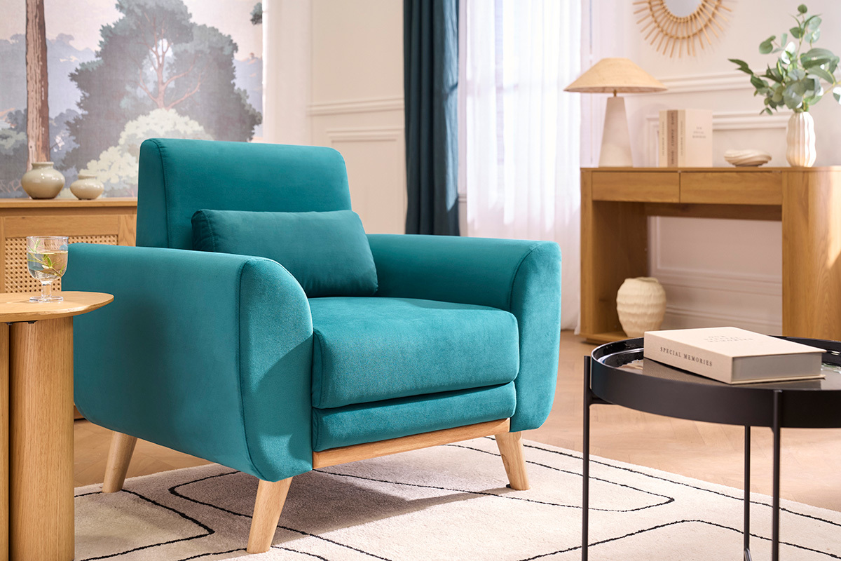 Fauteuil scandinave en tissu velours bleu p�trole et bois clair EKTOR