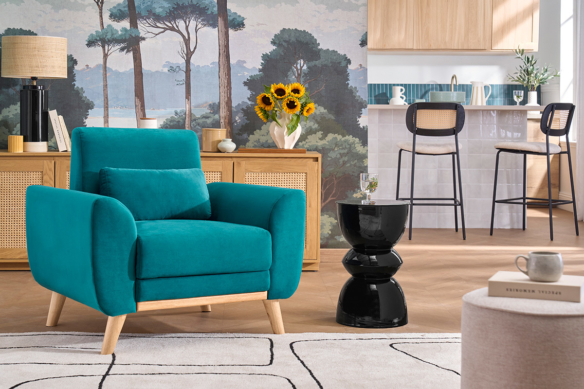 Fauteuil scandinave en tissu velours bleu p�trole et bois clair EKTOR
