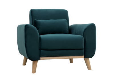 Fauteuil scandinave en tissu velours bleu pétrole et bois clair EKTOR