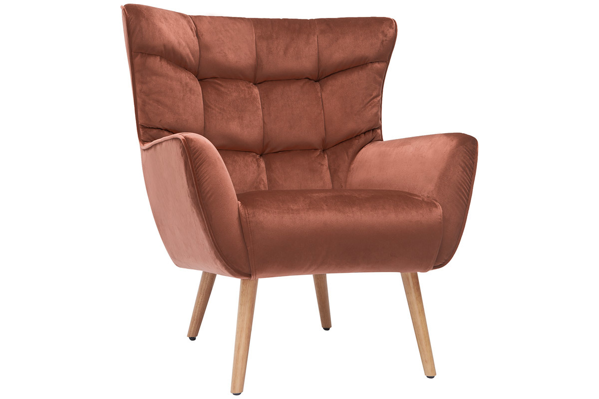 Fauteuil scandinave en tissu velours rouge tomette et bois clair AVERY