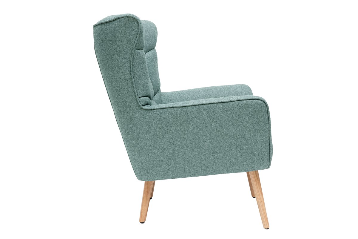 Fauteuil scandinave en tissu vert de gris et bois clair AVERY