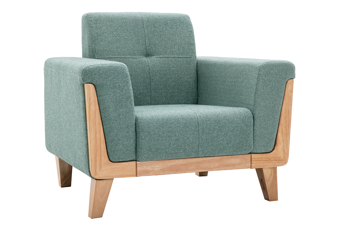 Fauteuil scandinave en tissu vert de gris et bois clair FJORD