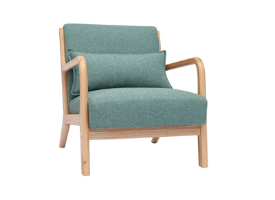Fauteuil scandinave en tissu vert de gris et bois clair massif DERRY