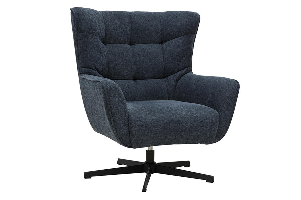 Fauteuil scandinave pivotant en tissu effet velours textur bleu fonc et mtal AVERY