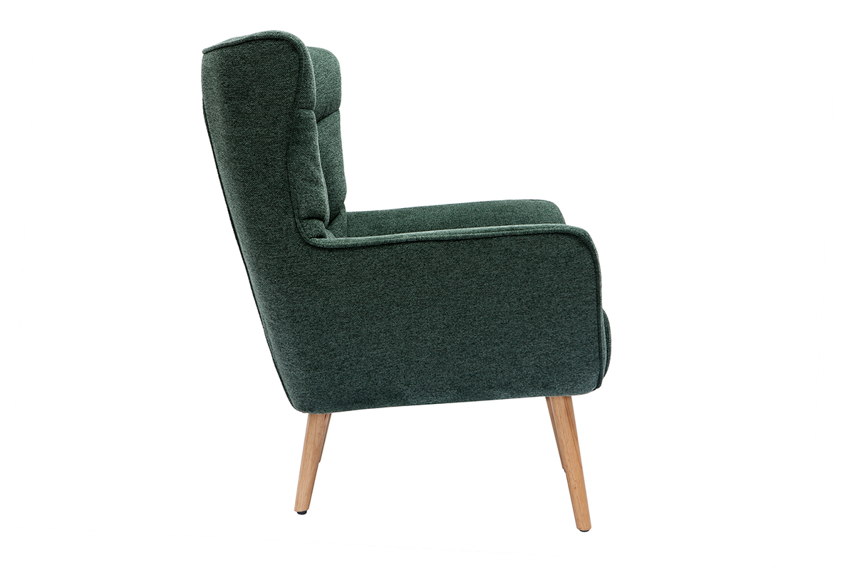 Fauteuil scandinave tissu effet velours textur vert fonc et bois clair AVERY