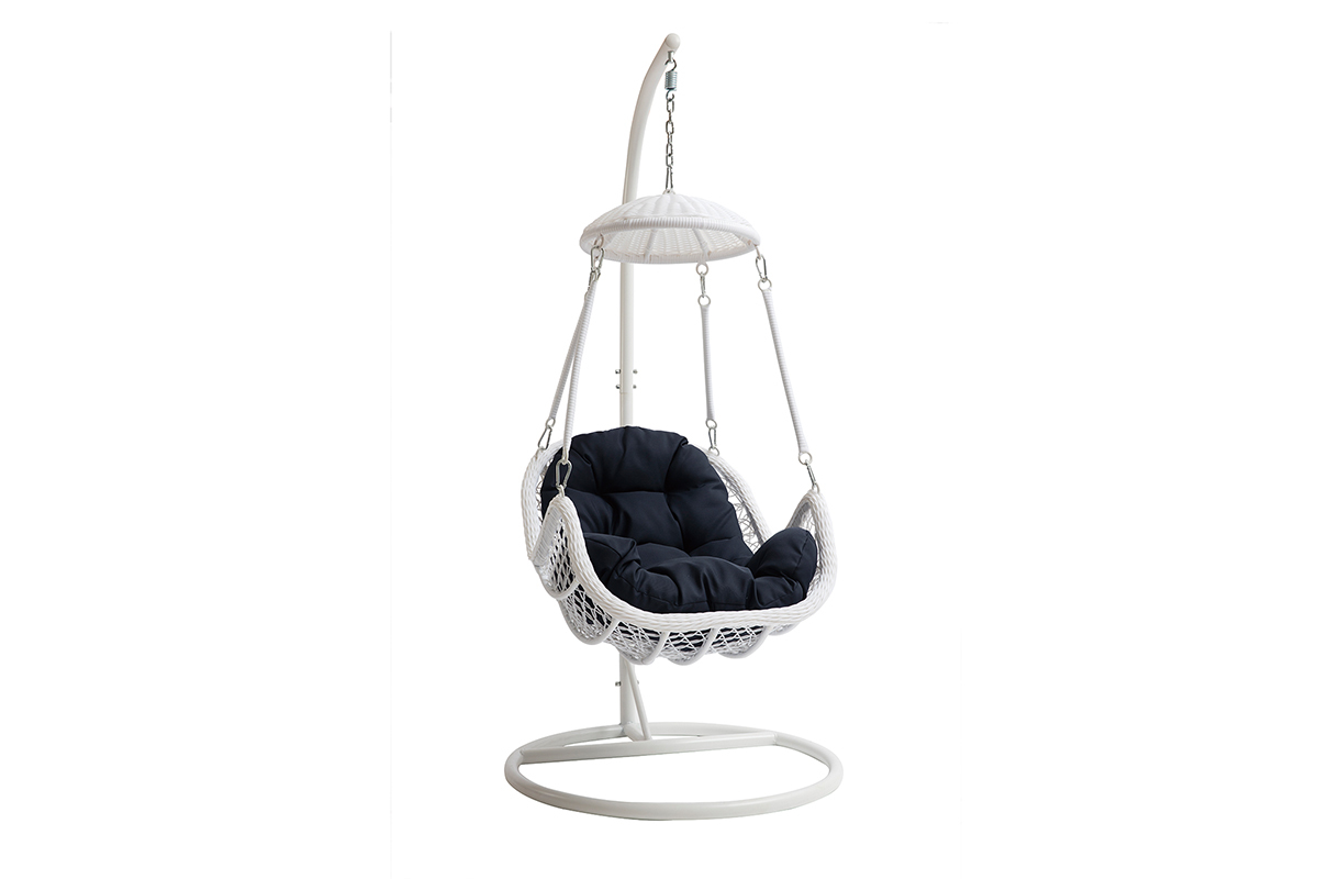 Fauteuil suspendu mtal blanc et tissu bleu fonc BALI