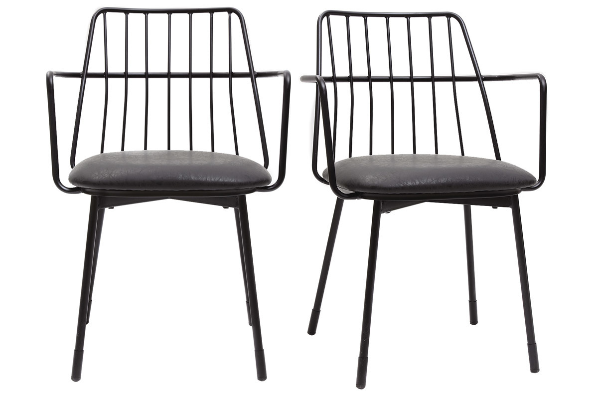 Fauteuils de table design en mtal noir avec coussin (lot de 2) GRID