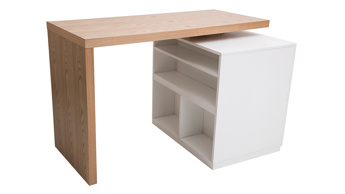 lot - table de bar modulable avec rangement blanc mat et bois clair chne L140-165 cm MAX