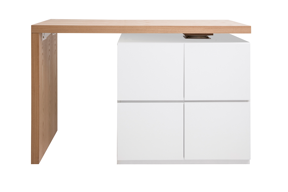 �lot - table de bar modulable avec rangement blanc mat et bois clair ch�ne L140-177 cm MAX
