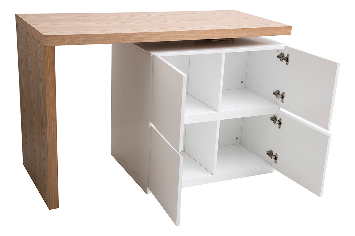 �lot - table de bar modulable avec rangement blanc mat et bois clair ch�ne L140-177 cm MAX