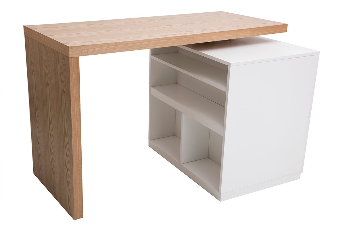 �lot - table de bar modulable avec rangement blanc mat et bois clair ch�ne L140-177 cm MAX