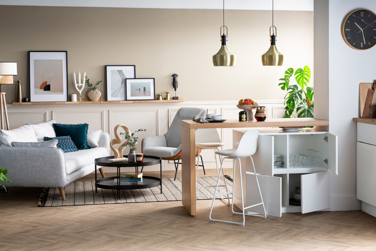 �lot - table de bar modulable avec rangement blanc mat et bois clair ch�ne L140-177 cm MAX