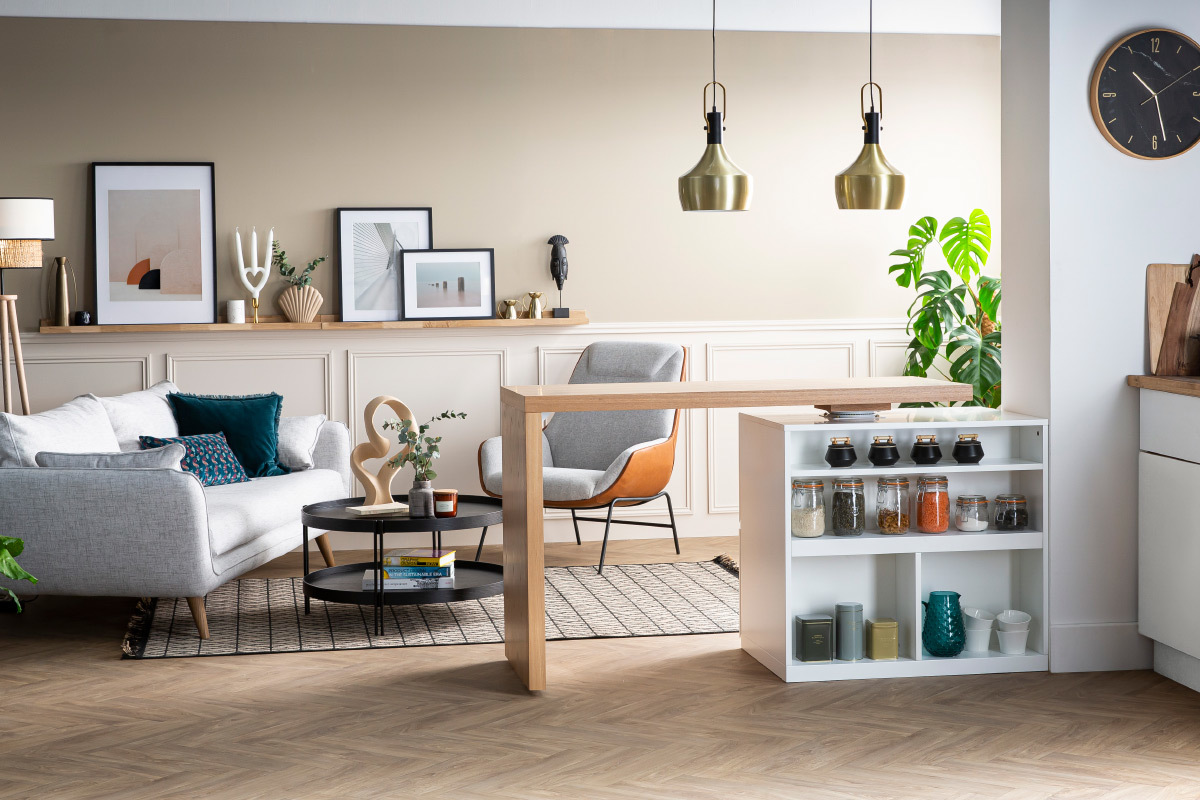 �lot - table de bar modulable avec rangement blanc mat et bois clair ch�ne L140-177 cm MAX