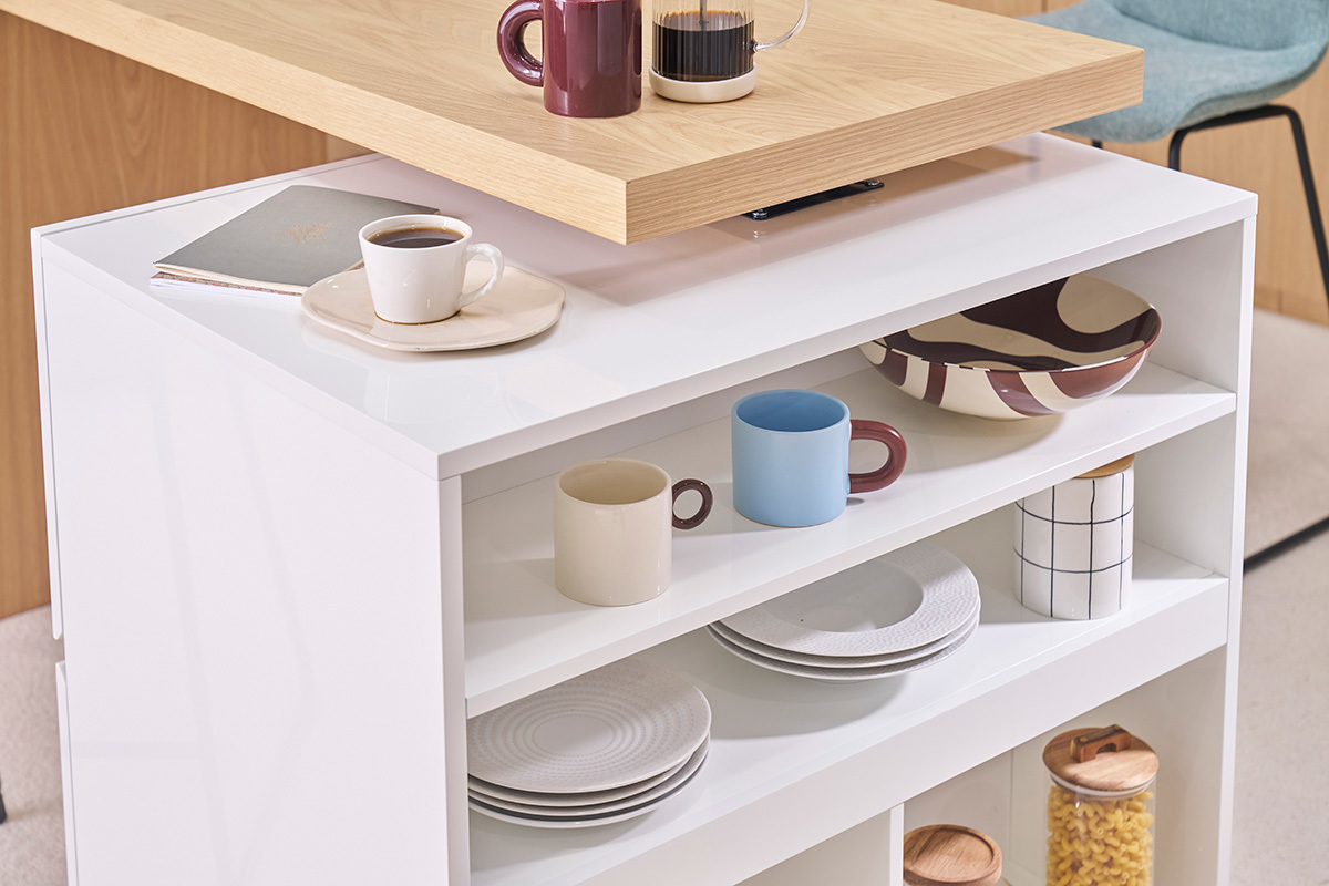 �lot - table de bar modulable avec rangement blanc mat et bois clair ch�ne L140-177 cm MAX