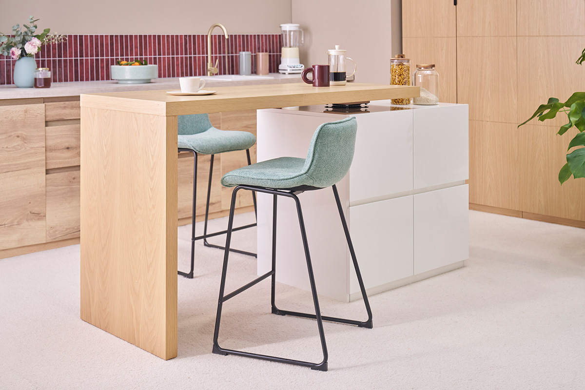 �lot - table de bar modulable avec rangement blanc mat et bois clair ch�ne L140-177 cm MAX