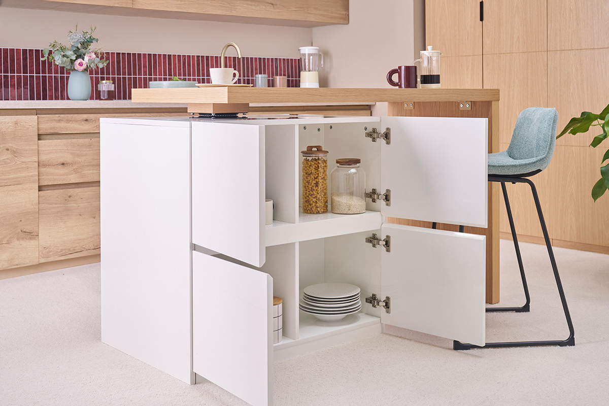 �lot - table de bar modulable avec rangement blanc mat et bois clair ch�ne L140-177 cm MAX