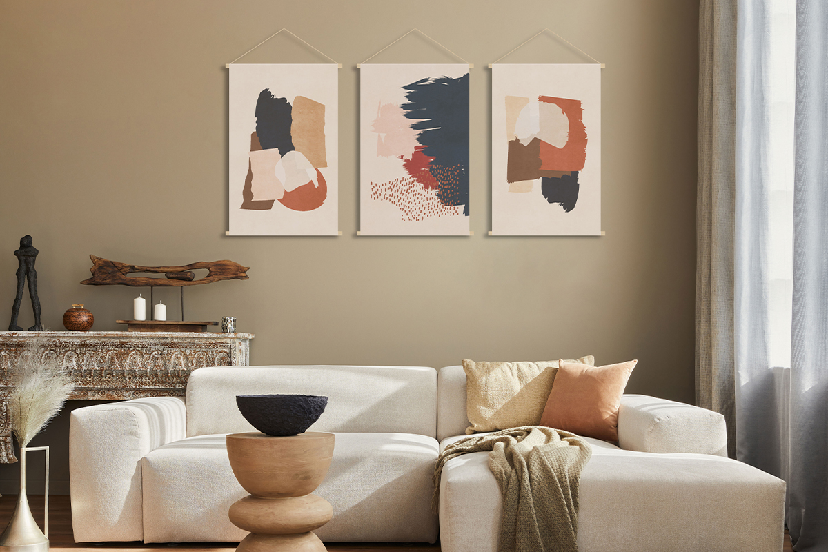 Kakmono tableau en toile suspendue motif abstrait sur fond beige L40 x H60 cm SAFI