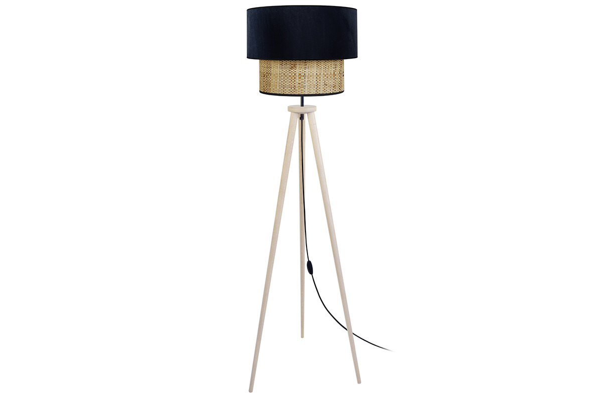 Lampadaire avec abat-jour bi-matire en jute naturel, velours noir et bois clair massif H162 cm CHILL